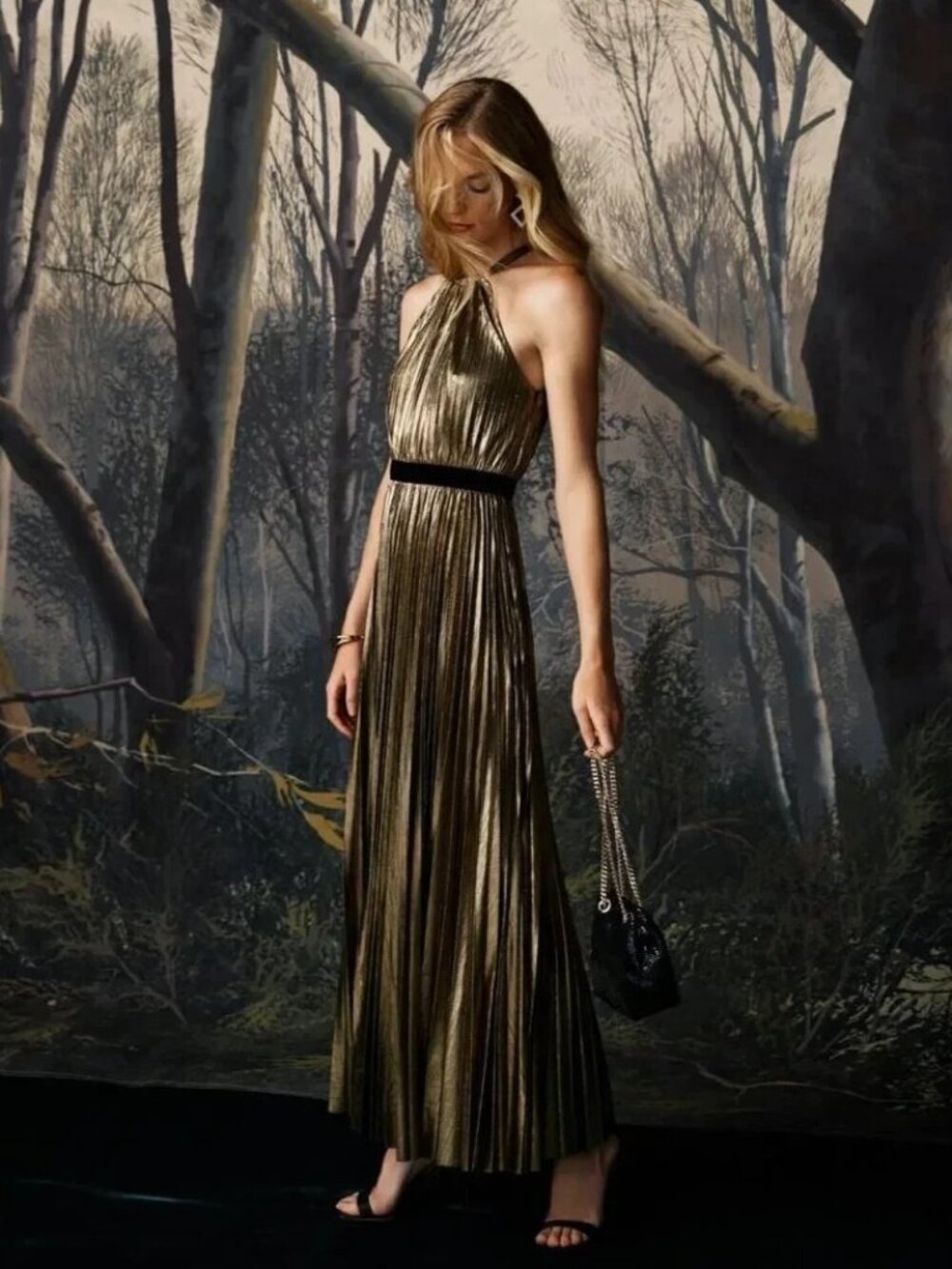 NWT BCBG MaxAzria Starling Gown in Gold Metallic Pleated Halter Maxi Dress XS - Picture 9 of 9